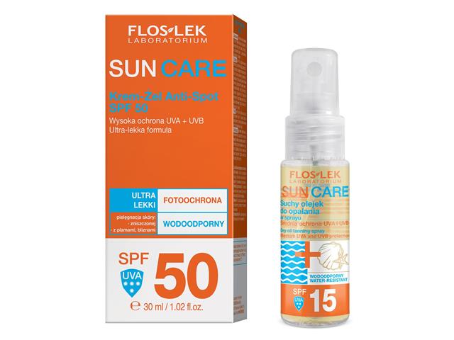 FLOS-LEK SUN CARE Krem-żel ANTI-SPOT SPF 50 Ultra Lekka Formuła + Suchy Olejek do opalania SPF 15 interakcje ulotka zestaw - 30 ml + 32 ml
