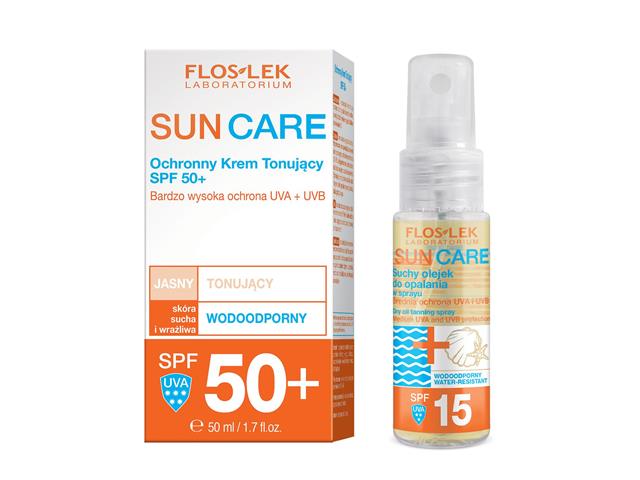 FLOS-LEK SUN CARE Ochronny Krem Tonujący SPF 50+ + Suchy Olejek do opalania SPF 15 interakcje ulotka zestaw - 50 ml + 30 ml