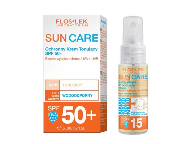 FLOS-LEK SUN CARE Ochronny Krem Tonujący SPF 50+ + Suchy Olejek do opalania SPF 15 interakcje ulotka zestaw  50 ml