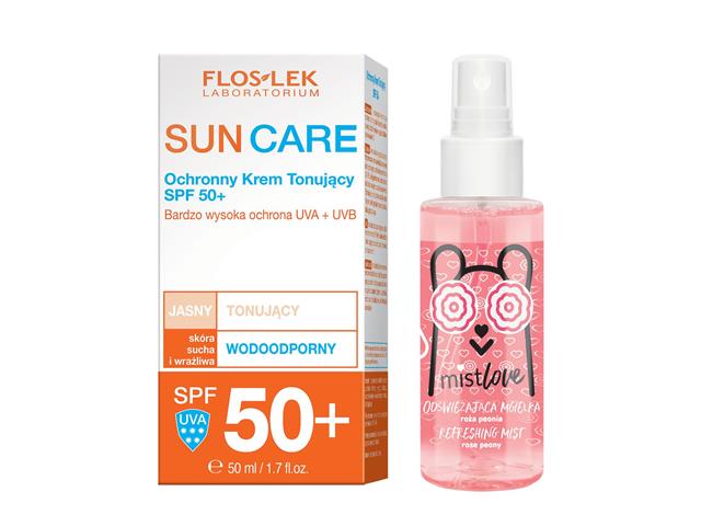 FLOS-LEK SUN CARE Ochronny Krem tonujący SPF50+ + MISTLOVE odświeżająca Mgiełka róża peonia interakcje ulotka zestaw - 50 ml + 30 ml