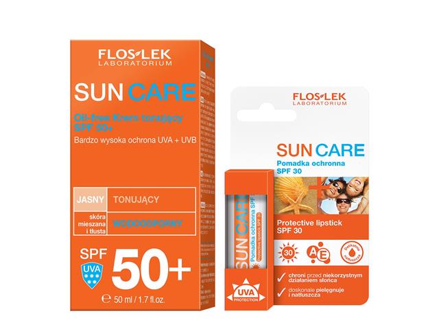 FLOS-LEK SUN CARE OIL-FREE Krem Tonujący SPF 50+ + Pomadka ochronna do ust z filtrem SPF 30 interakcje ulotka zestaw  50 ml | + 4 g