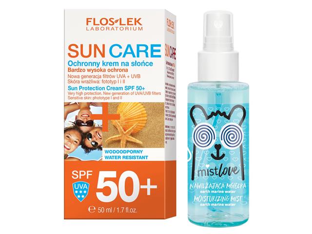 FLOS-LEK SUN CARE OOchronny Krem do opalania SPF 50+ + MISTLOVE nawilżająca Ggiełka MARINE WATER interakcje ulotka zestaw - 50 ml + 30 ml