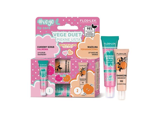 FLOS-LEK VEGE DUET PIĘKNE USTA LIP CARE Cukrowy Scrub malinowy + Wazelina pomarańczowa d/ust interakcje ulotka zestaw - 14 g + 10 g