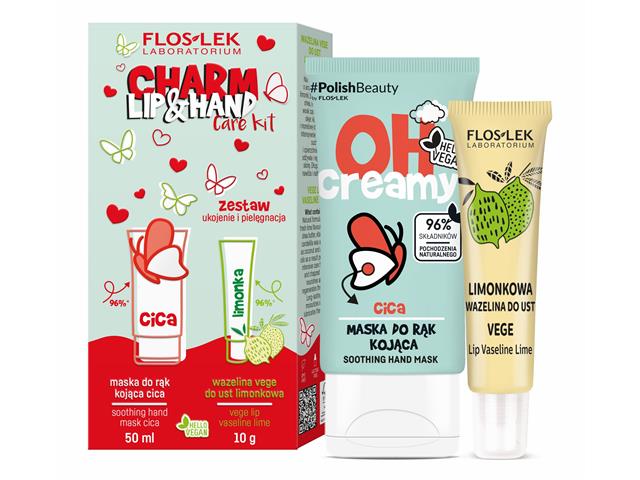 FLOSLEK Laboratorium CHARM LIP & HAND KIT Zestaw Wazelina limonkowa + Maskado rąk kojąca CICA interakcje ulotka zestaw  50 ml + 10 g