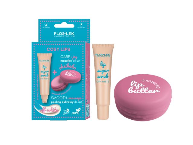 Floslek Laboratorium Cosy Lips Zestaw Peeling cukrowy do ust OFF-WHITE + Masełko do ust OKSIKOKO interakcje ulotka zestaw - 14 g + 10 g