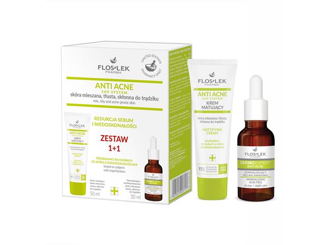 FLOSLEK PHARMA ANTI ACNE 24 H SYSTEM Zestaw 1+1 Krem matujący + Peeling normalizujący kwasowy interakcje ulotka zestaw  50 ml