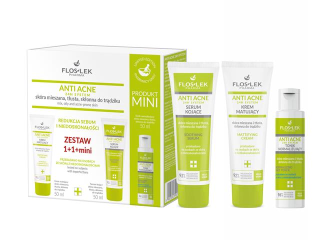 Floslek Pharma Anti Acne 24 h System Zestaw 1+1+mini Krem matujący+Serum kojące+ Tonik normalizujący interakcje ulotka zestaw  50 ml (+ 50 ml + 50 ml)