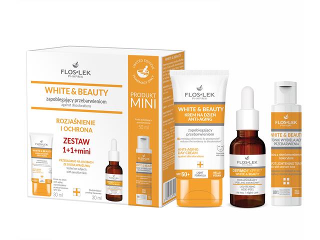 FLOSLEK PHARMA WHITE & BEAUTY Zestaw 1+1+mini Krem n/dzień+Peeling rozj.kwas.+Tonik wybiel.przebar. interakcje ulotka zestaw  30 ml | + 30 ml + 50 ml