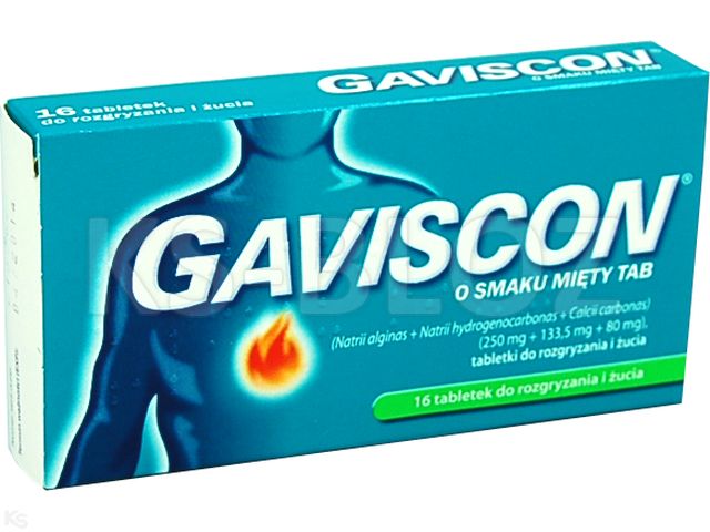 Gaviscon o smaku mięty tab interakcje ulotka tabletki do rozgryzania i żucia 250mg+133,5mg+80mg 16 tabl. | blister