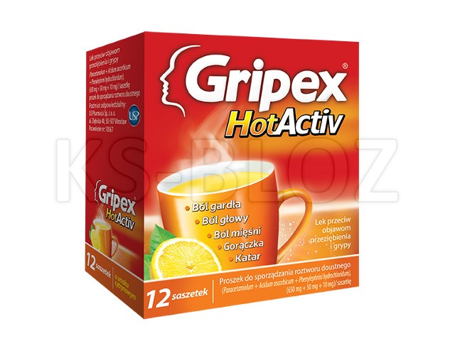 Gripex Hot (HotActiv) interakcje ulotka proszek do sporządzania roztworu doustnego 650mg+50mg+10mg 12 sasz. po 4 g