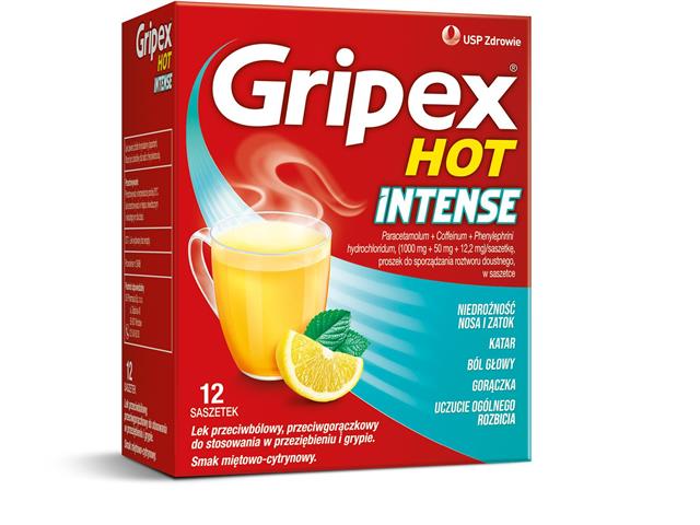 Gripex Hot Intense interakcje ulotka proszek do sporządzania roztworu doustnego 1g+50mg+12,2mg 12 sasz.