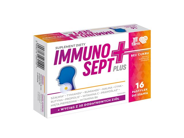 Immunosept Plus bez cukru interakcje ulotka pastylki do ssania  16 pastyl.