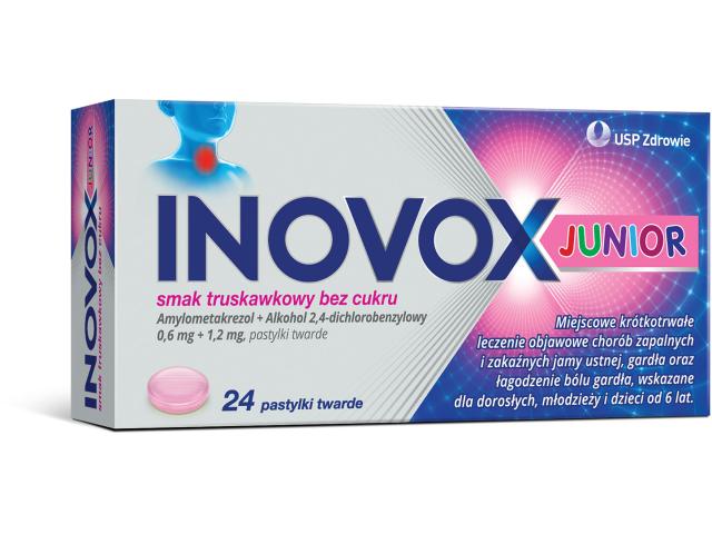 Inovox Junior smak truskawkowy bez cukru interakcje ulotka pastylki twarde 600mcg+1,2mg 24 pastyl.