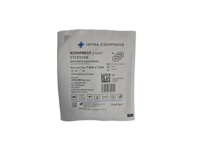 Intra Compress Kompresy sterylne z gazy 17 nitkowe 8 warstwowe 7,5 x 7,5 cm interakcje ulotka opatrunek - 3 szt.