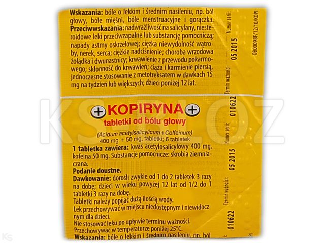 Kopiryna Tabletki od bólu głowy interakcje ulotka tabletki 400mg+50mg 6 tabl. | (1 blist. po 6 tabl.)