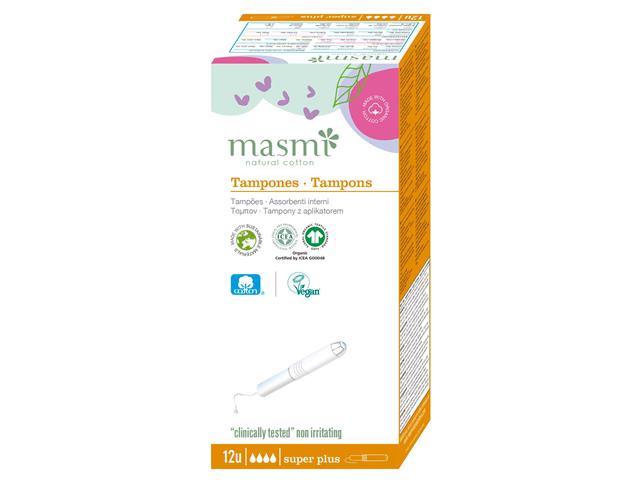 MASMI Tampony higieniczne Super Plus z aplikatorem 100% bawełny organicznej interakcje ulotka tampon  12 szt.