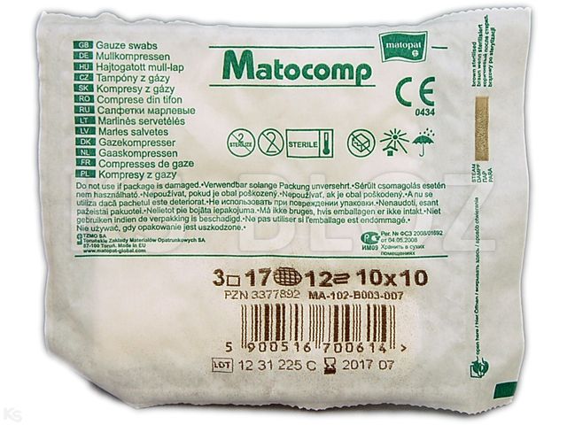 Matocomp Kompresy jałowe z gazy 17 nitkowe 12 warstwowe 10 x 10 cm interakcje ulotka kompres  3 szt.