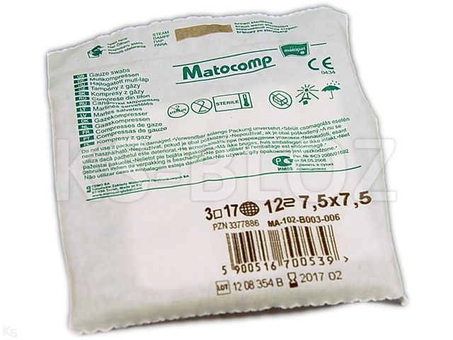 Matocomp Kompresy jałowe z gazy 17 nitkowe 12 warstwowe 7,5 x 7,5 cm interakcje ulotka   3 szt.