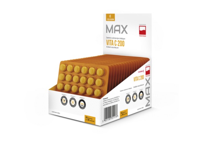 Max Vita C 200 interakcje ulotka tabletki powlekane 200 mg 750 tabl. | 25 blist.a 30 tabl.
