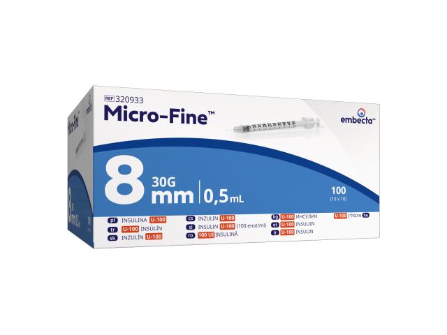 Micro-Fine Insulin Syringes Strzykawka insulinowa 0,5 ml jałowa U-100 30G 0,3 x 8 mm interakcje ulotka strzykawka - 100 szt.