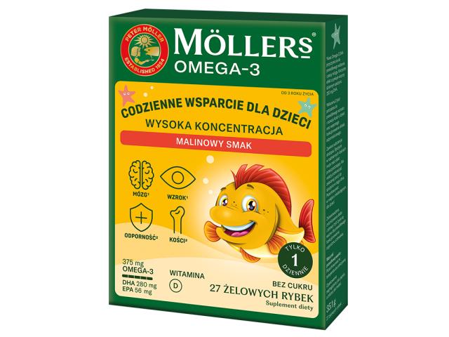 Moller's Omega 3 Wysoka Koncentracja Rybki smak malinowy interakcje ulotka żelki - 27 szt.