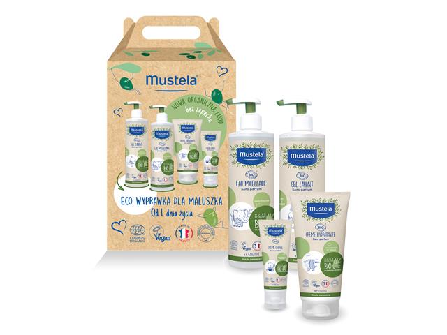 MUSTELA BIO Zestaw ECO WYPRAWKA DLA MALUSZKA Woda micelarna+Krem d/przew.+Żel d/mycia+Krem nawilż. interakcje ulotka zestaw  400 ml (+ 75 ml + 400 ml + 150 ml)