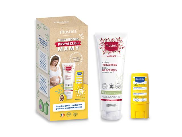 Mustela Niezbędnik Przyszłej Mamy Zestaw Krem na rozstępy +Sztyft przeciwsłoneczny SPF 50 interakcje ulotka zestaw  250 ml | + 9 ml