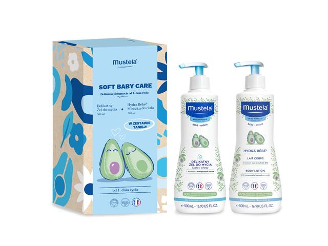 Mustela Soft Baby Care delikatna pielęgnacja od 1 dnia życia Delikatny Żel d/mycia+Mleczko d/ciała interakcje ulotka zestaw  500 ml + 500 ml