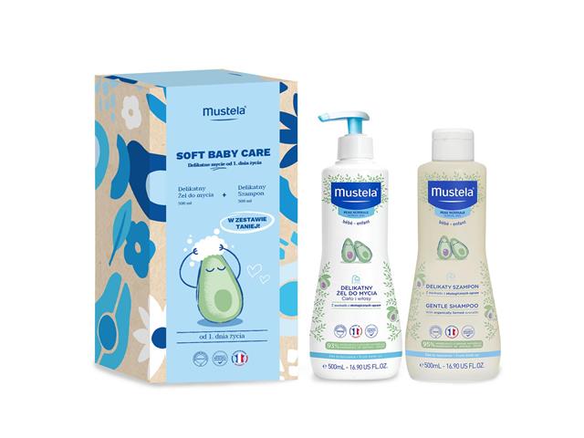 Mustela Soft Baby Care delikatne mycie od 1 dnia życia Delikatny Żel d/mycia+Delikatny Szampon interakcje ulotka zestaw  500 ml + 500 ml