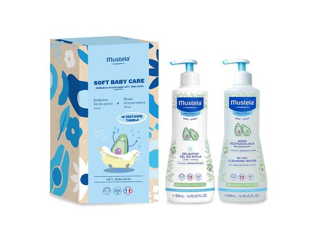 MUSTELA SOFT BABY CARE Delikatne oczyszczanie od 1. dnia życia Delikatny Żel d/mycia+Woda oczyszcz. interakcje ulotka zestaw  500 ml + 500 ml