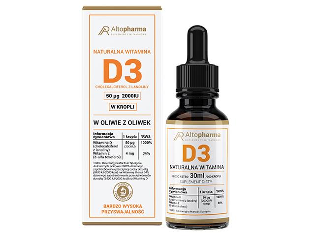 Naturalna Witamina D3 Cholecalciferol z Lanoliny 50 mcg 2000IU Krople w Oliwie z Oliwek interakcje ulotka krople - 30 ml