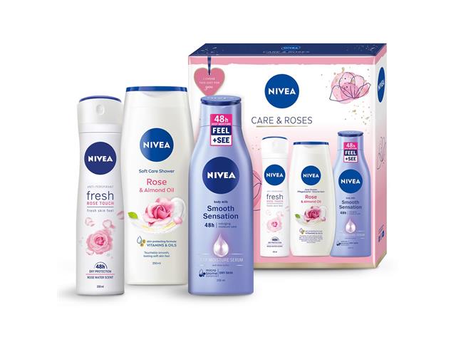 NIVEA CARE & ROSES Zestaw świąteczny 2022 Antyperspirant spray+Żel p/prysz.+Mleczko do ciała interakcje ulotka zestaw  150 ml (+ 250 ml + 250 ml)