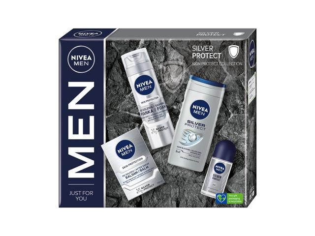 NIVEA MEN Zestaw Świąteczny SILVER PROTECT 2023 Pianka d/gol.+Balsam d/gol.+Antypersp.+Żel p/prysz. interakcje ulotka zestaw - 200 ml (+ 100 ml + 50 ml + 250 ml)