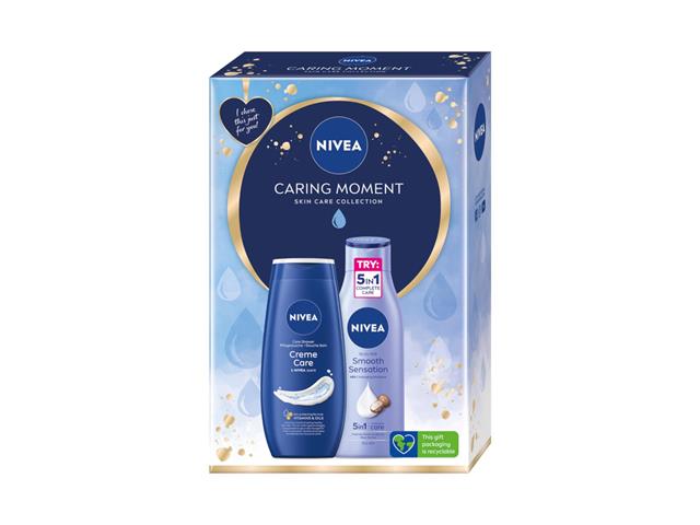 NIVEA Zestaw Świąteczny CARING MOMENT 2023 Żel p/prysznic + Wygładzające Mleczko d/ciała interakcje ulotka zestaw  250 ml