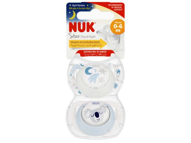 Nuk Day&night Star Smoczek uspokajający silikonowy niebieski/biały 10730692 0-6 miesięcy interakcje ulotka smoczek - 2 szt.