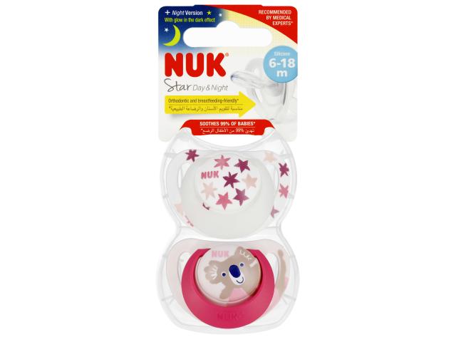 Nuk Day&night Star Smoczek uspokajający silikonowy róż 10736727 6-18 miesięcy interakcje ulotka smoczek - 2 szt.