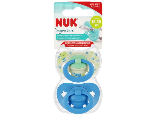 Nuk Signature Smoczek uspokajający silikonowy niebiesk/zielony 10739696 18-36 miesięcy interakcje ulotka smoczek - 2 szt.