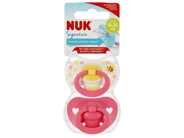 Nuk Signature Smoczek uspokajający silikonowy różowy/biały 10739679 18-36 miesięcy interakcje ulotka smoczek - 2 szt.