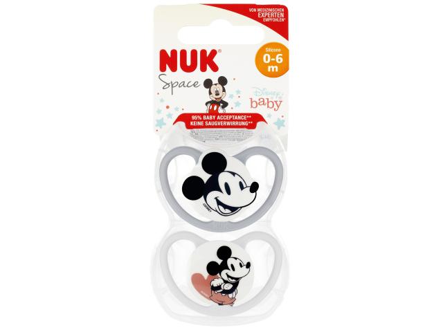 Nuk Space Disney Baby Smoczek uspokajający silikonowy Mickey Mouse 10175281 0-6 miesięcy interakcje ulotka smoczek - 2 szt.