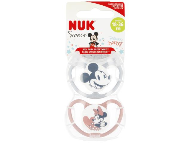 Nuk Space Disney Baby Smoczek uspokajający silikonowy różowy Mickey Mouse 10571 18-36 miesięcy interakcje ulotka smoczek - 2 szt.