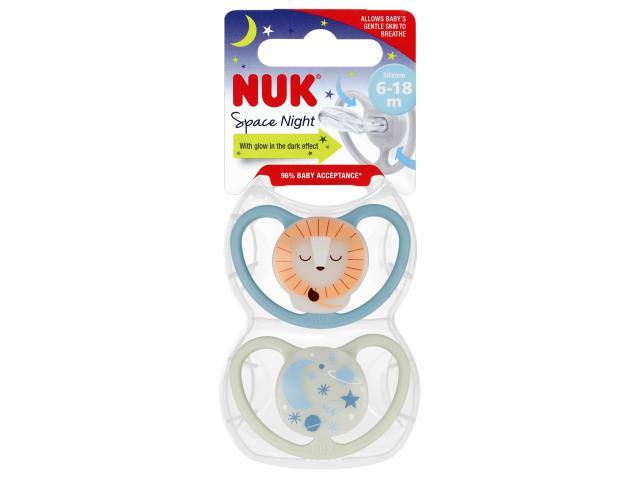 Nuk Space Night Smoczek uspokajający silikonowy niebieski/biały 10736619 6-18 miesięcy interakcje ulotka smoczek - 2 szt.