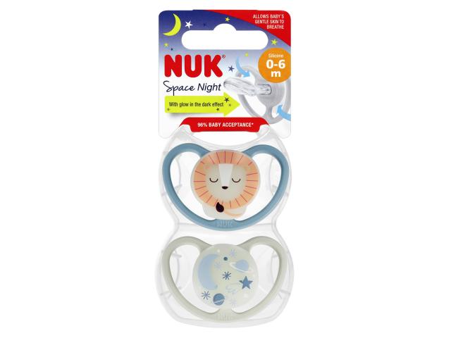 Nuk Space Night Smoczek uspokajający silikonowy niebieski/popiel 10730578 0-6 miesięcy interakcje ulotka smoczek - 2 szt.