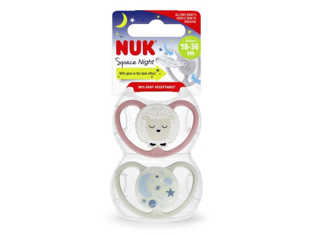 Nuk Space Night Smoczek uspokajający silikonowy owca/księżyc 10739658 18-36 miesięcy interakcje ulotka smoczek - 2 szt.