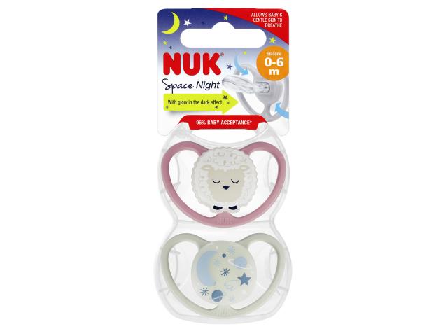 Nuk Space Night Smoczek uspokajający silikonowy różowy/popielaty 10730578 0-6 miesięcy interakcje ulotka smoczek - 2 szt.
