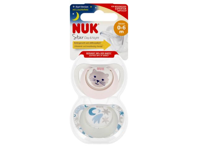 Nuk Star Day & Night Smoczek uspokajający silikonowy kot 10175286 0-6 miesięcy interakcje ulotka smoczek - 2 szt.