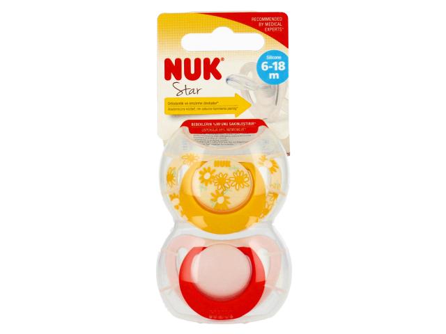 Nuk Star Smoczek uspokajający silikonowy żółty/czerwony 10736748 6-18 miesięcy interakcje ulotka smoczek - 2 szt.