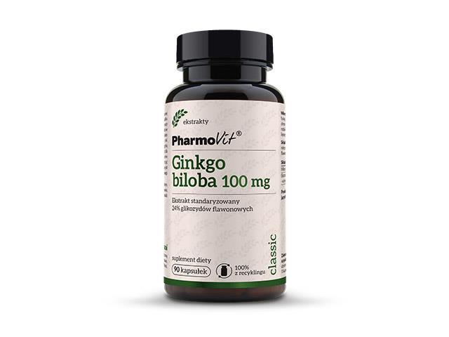 Pharmovit Ginkgo Biloba 100 mg Ekstrakt standaryzowany 24% glikozydów flawonowych interakcje ulotka kapsułki  90 kaps.