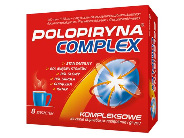 Polopiryna Complex interakcje ulotka proszek do sporządzania roztworu doustnego 500mg+15,58mg+2mg 8 sasz.