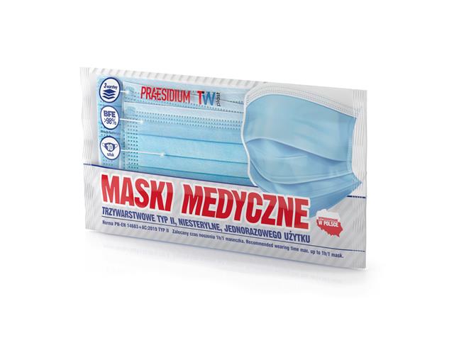 PRAESIDIUM Maski medyczne trzywarstwowe typ II interakcje ulotka maseczka ochronna - 10 szt.