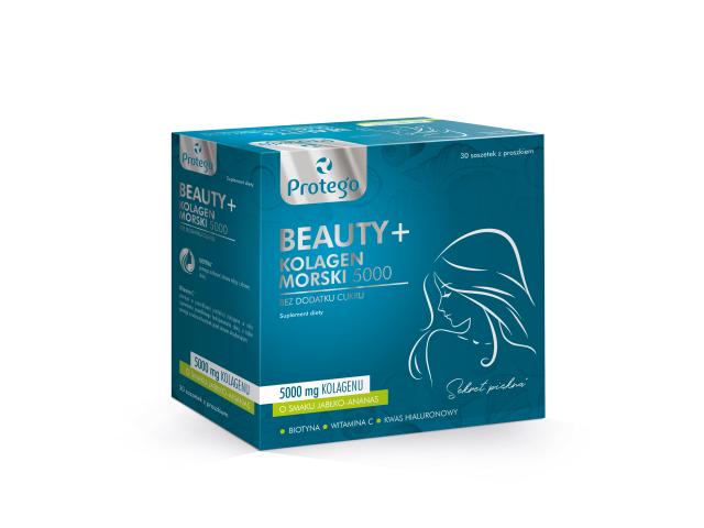 Protego Beauty + Kolagen Morski 5000 o smaku jabłko-ananas interakcje ulotka proszek  30 sasz.